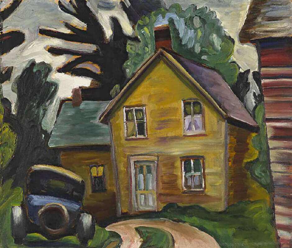 Art Canada Institute, Prudence Heward, Farmhouse and Car, c. 1933