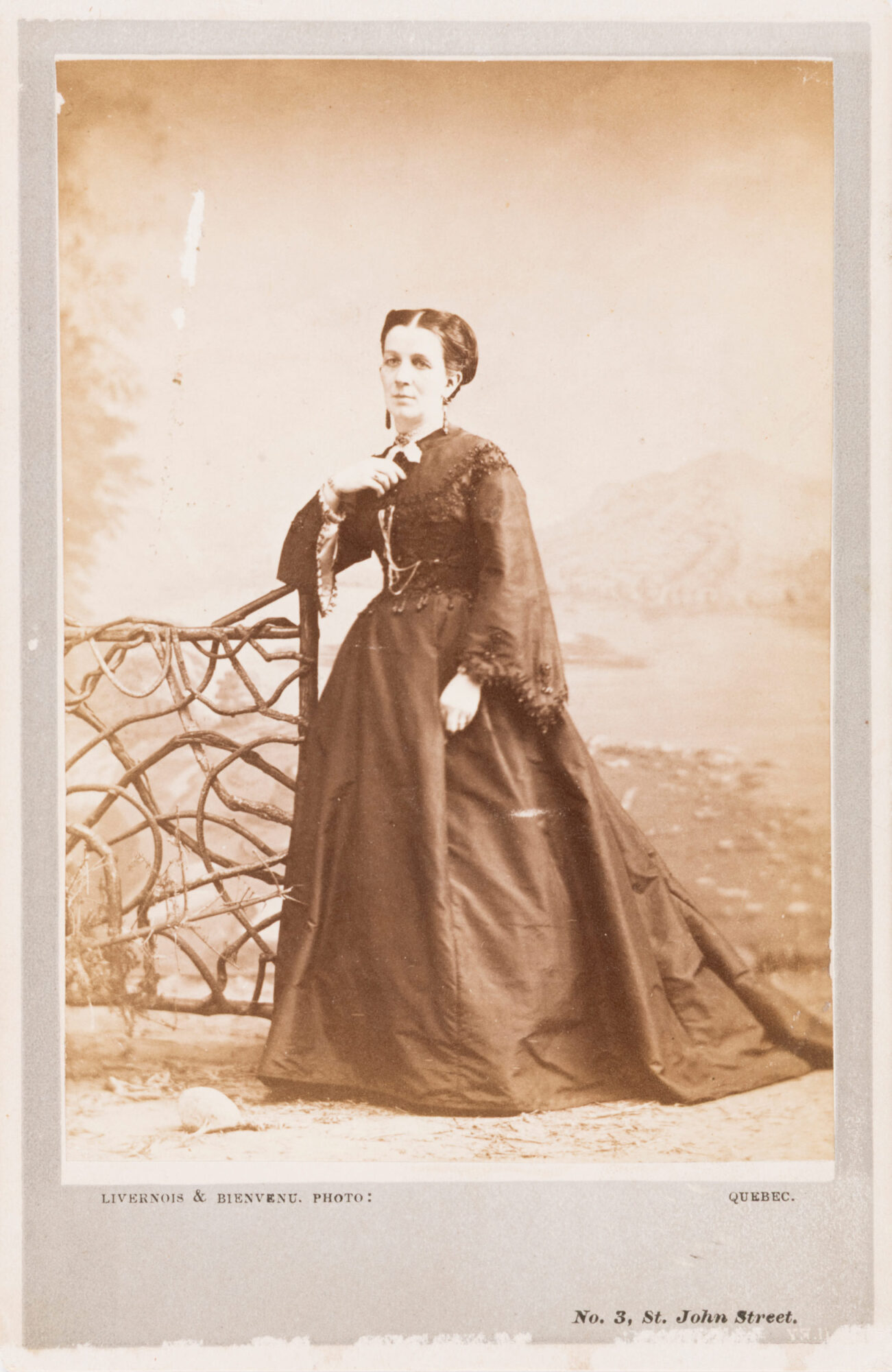 A sepia toned photo of a woman in a dress.