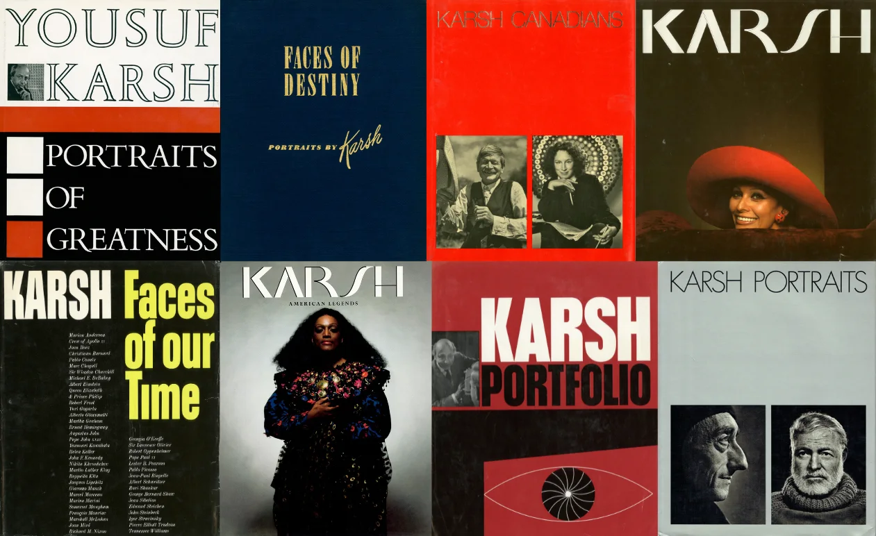 A collage of various book covers featuring Yousuf Karsh's work.