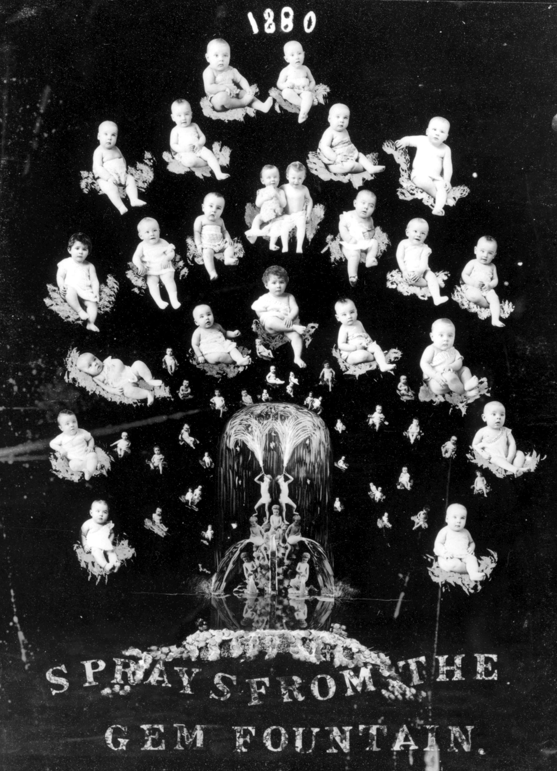 A composite collage photo of several figures emerging as if from a fountain.