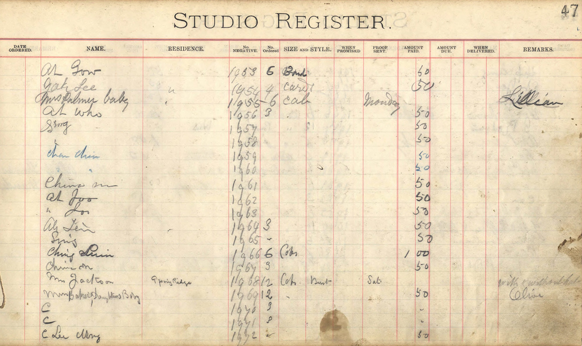 A page of Maynard's studio register.