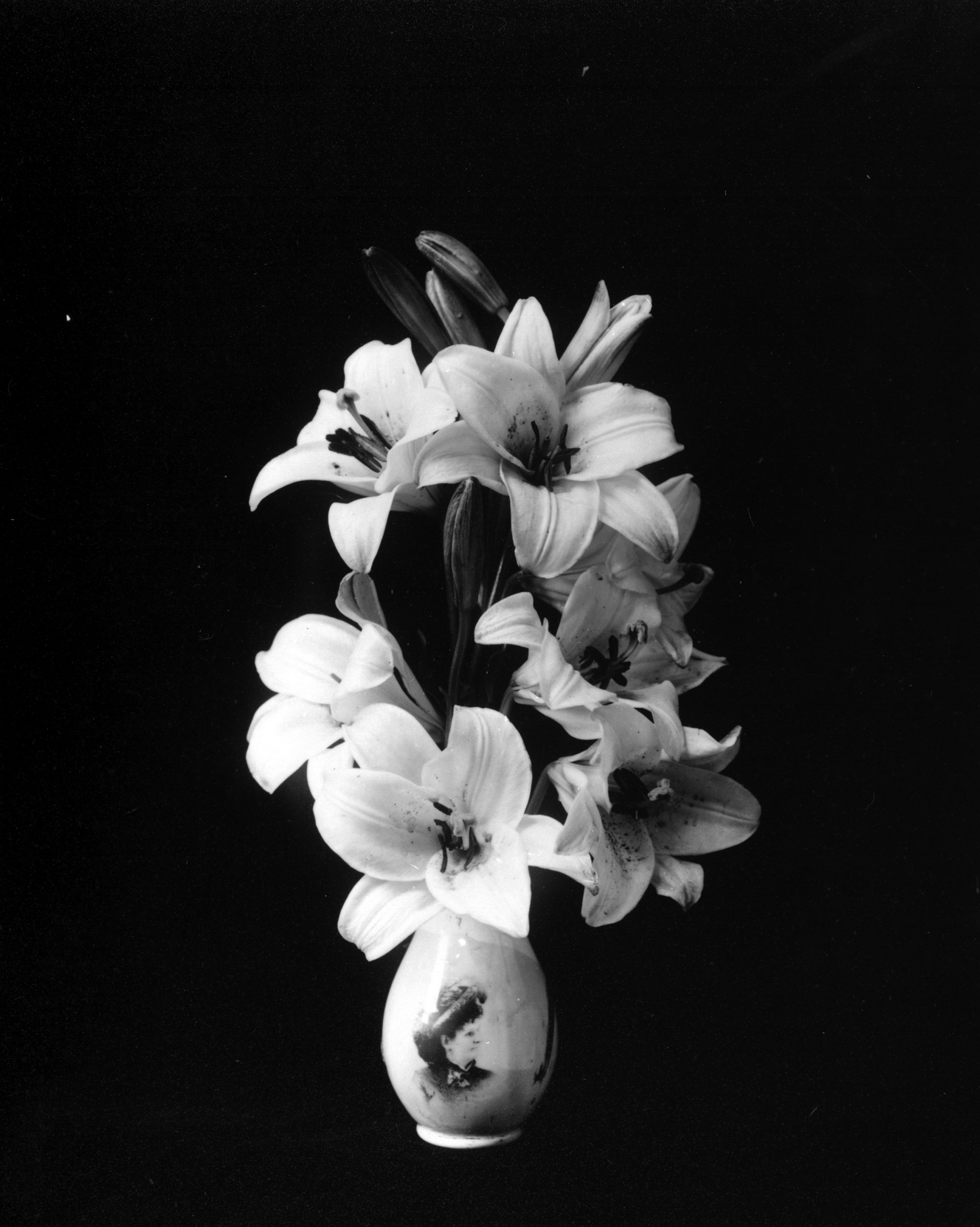 A black and white photograph of a vase containing lilies.