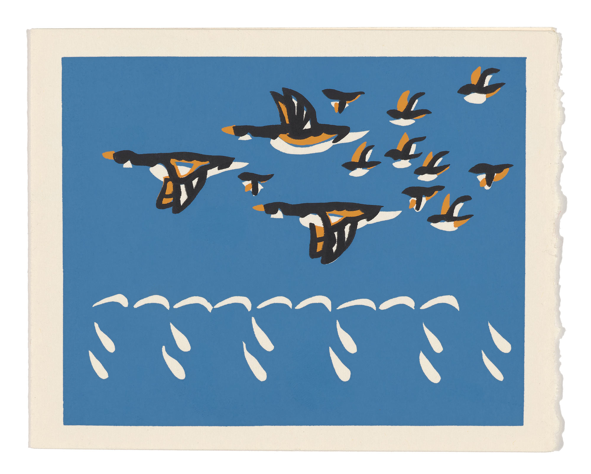 illustration of geese flying over water